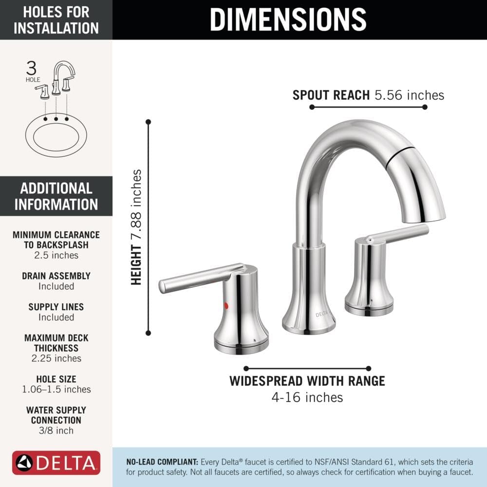 Delta Faucet Trinsic Pull Down Bathroom Faucet, Bathroom Pull Out Faucet, Chrome Widespread Bathroom Faucet 3 Hole with Pull Down Sprayer, Bathroom Sink Faucet Magnetic Docking, Chrome 3559-PD-DST
