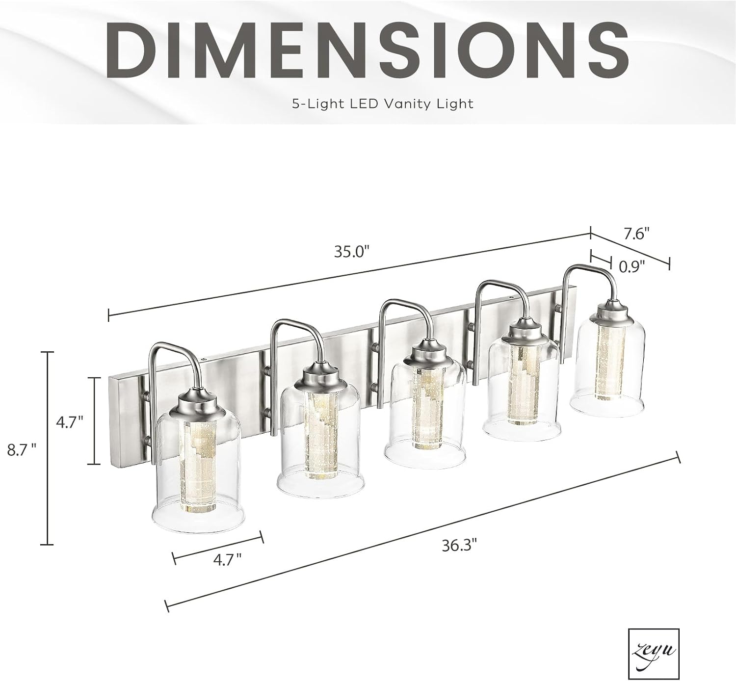 zeyu 30W Dimmable Bathroom Lighting, 5 Light LED Bathroom Wall Lights with 5 Color Modes, Brushed Nickel Finish with Crystal Bubble and Clear Glass, ZSL72B-5W LED BN