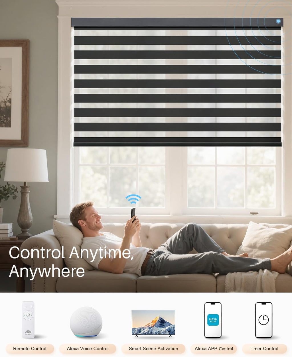 Smart Zebra Blinds for Windows, Alexa Motorized Blinds with Remote Control, Automatic Electric Power Zebra Shades for Indoor Windows (24' W x 72' H, Black)