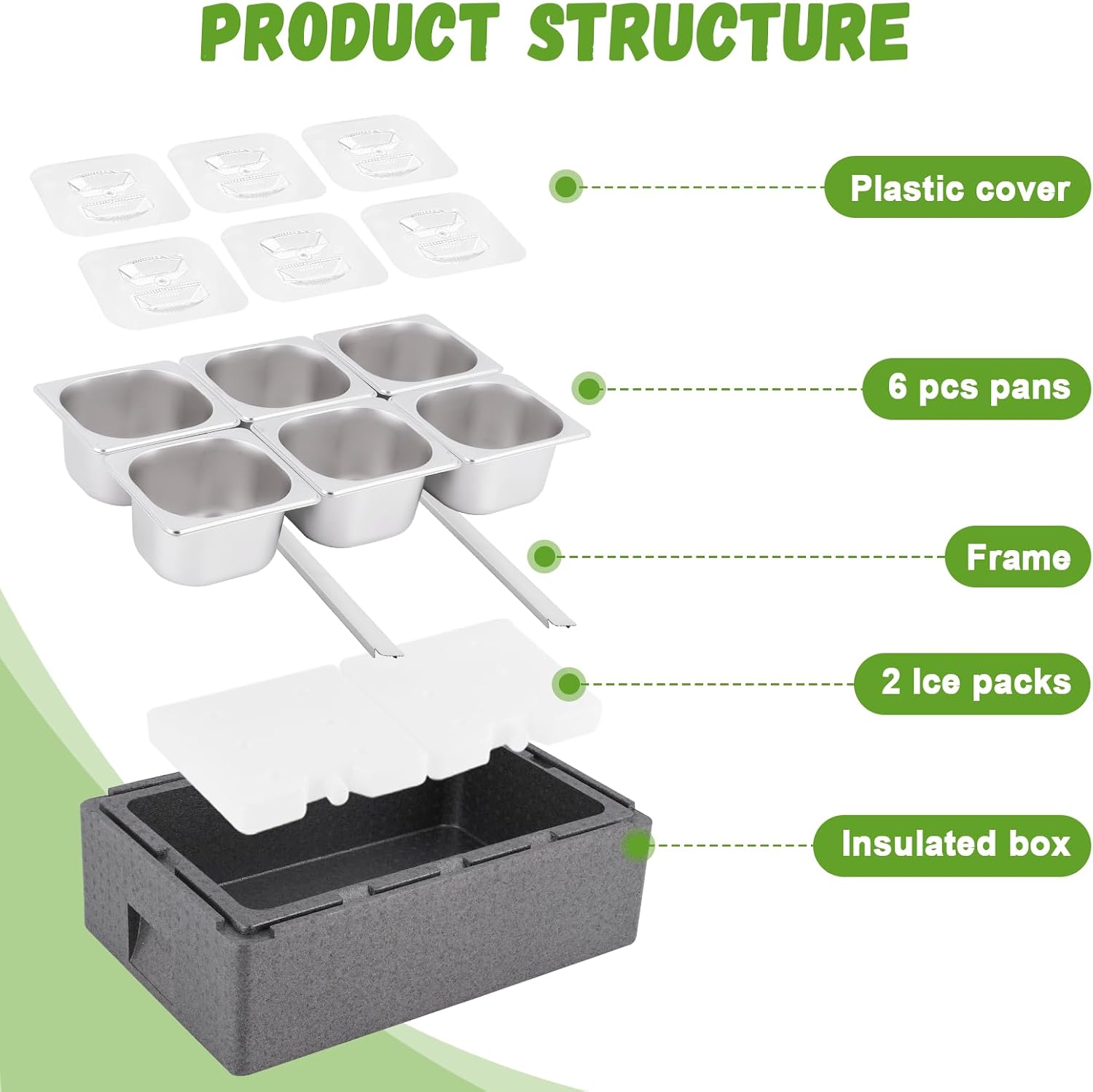 Insulated Cold Food Buffet Ice Serving Trays 6 Lids 6 Pans 2 Ice Packs Insulation Box Cooled Condiment Serving Container Ice Platter Food Cooler for Parties Buffets Fruit Market