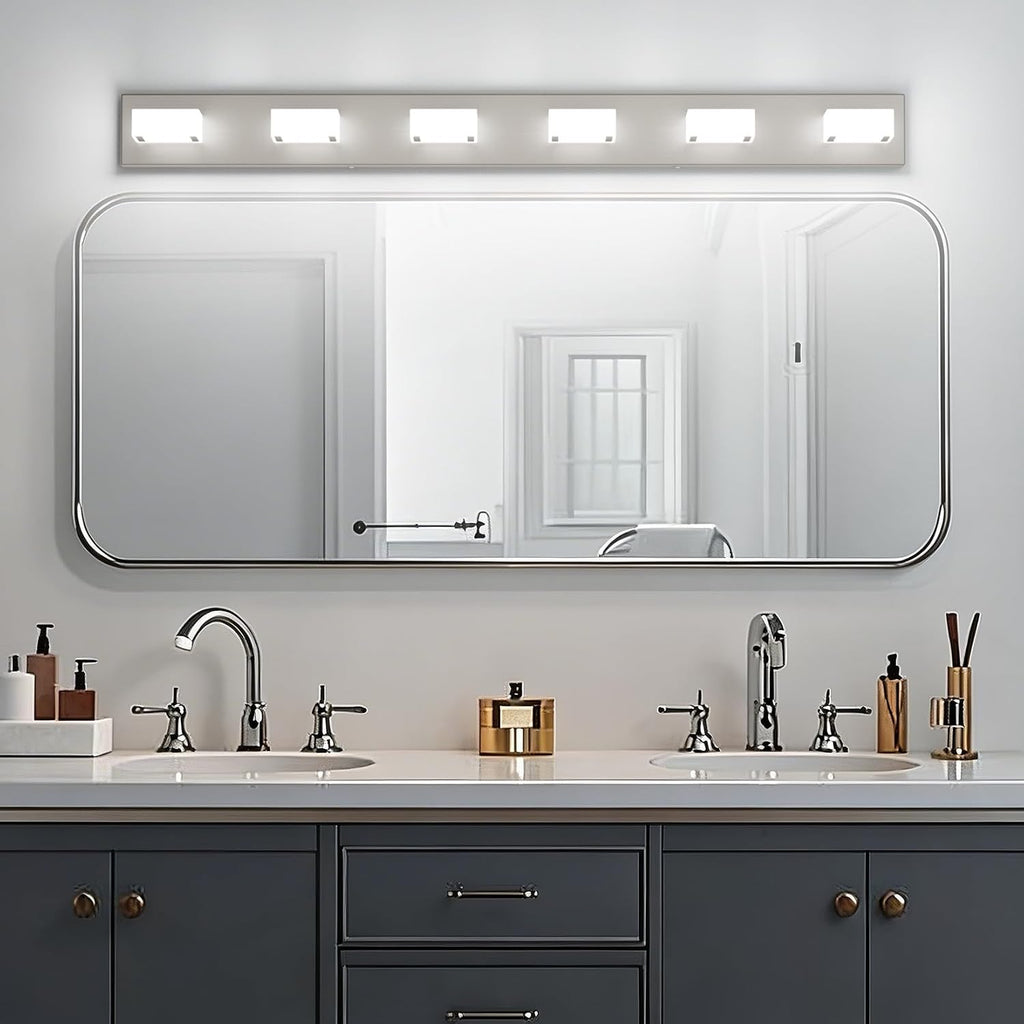 Ralbay Brushed Nickel Bathroom Vanity Lights 48inch Metal Acrylic LED Modern Bathroom Wall Lighting Fixtures Over Mirror Brushed Nickel (White Light 6000K, Non-dimmable)