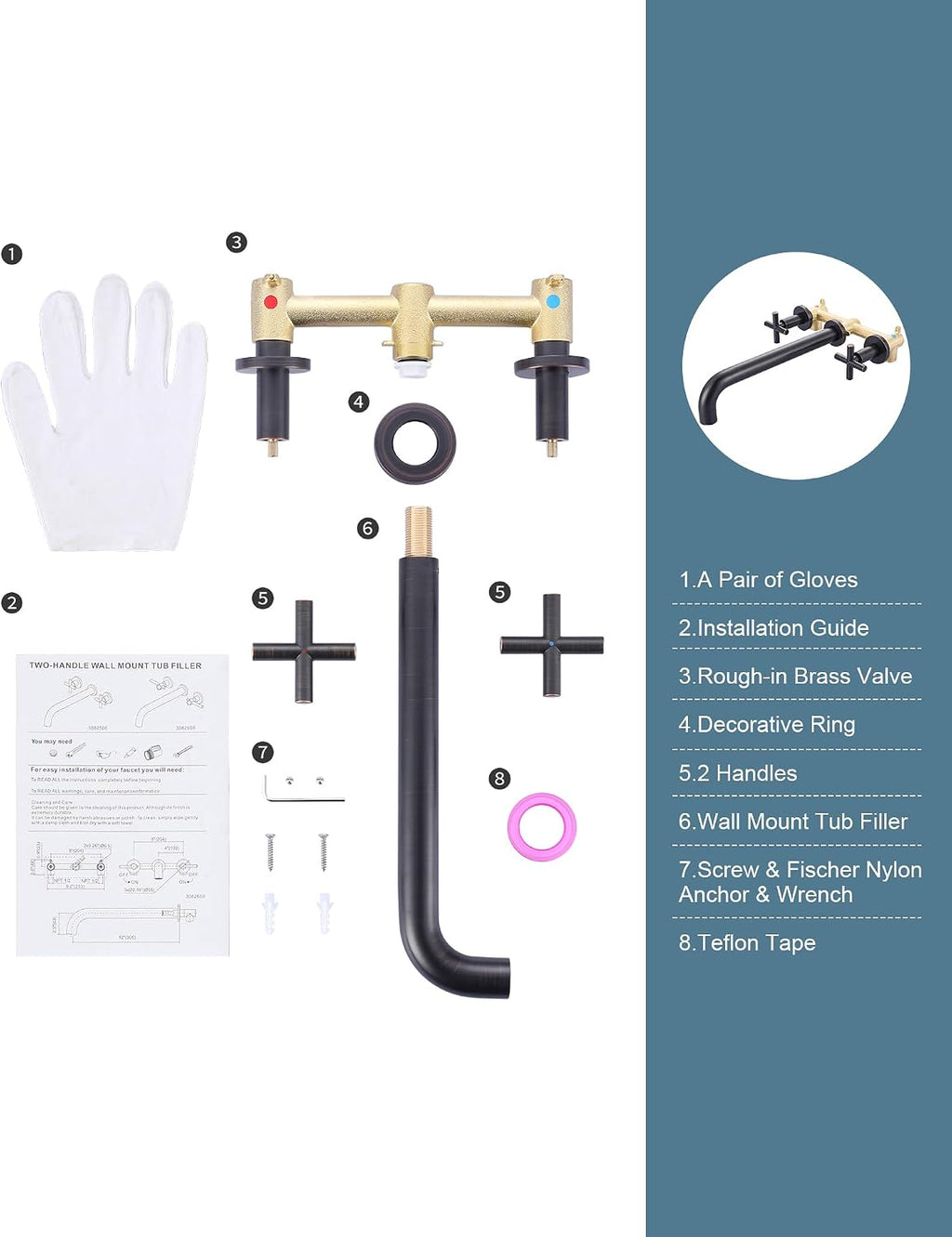 ARCORA Wall Mount Tub Filler: Oil Rubbed Bronze Bathtub Faucet Long Spout Reach 2 Cross Handles Tub Faucet with Brass Rough in Valve Included
