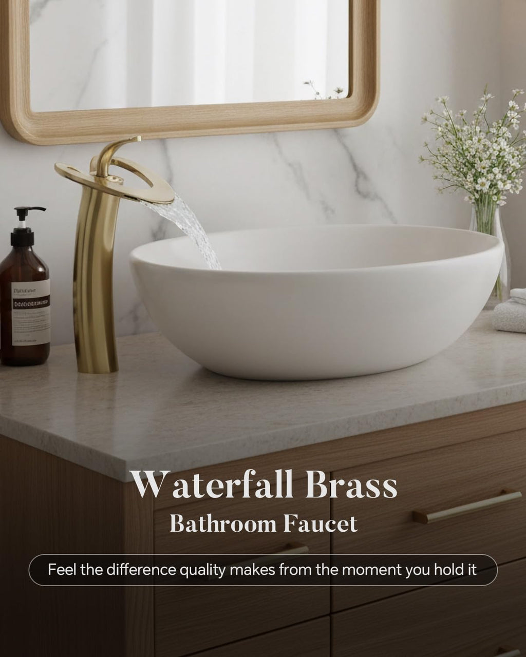 Tall Brushed Gold Waterfall Unique Bathroom Faucets, Single Lever 1 Hole Vessel Sink Faucets for Bathroom Vanity, Hot Cold Mixer Tap with Supply Hoses and Pop up Drain, llaves para lavamanos de baño