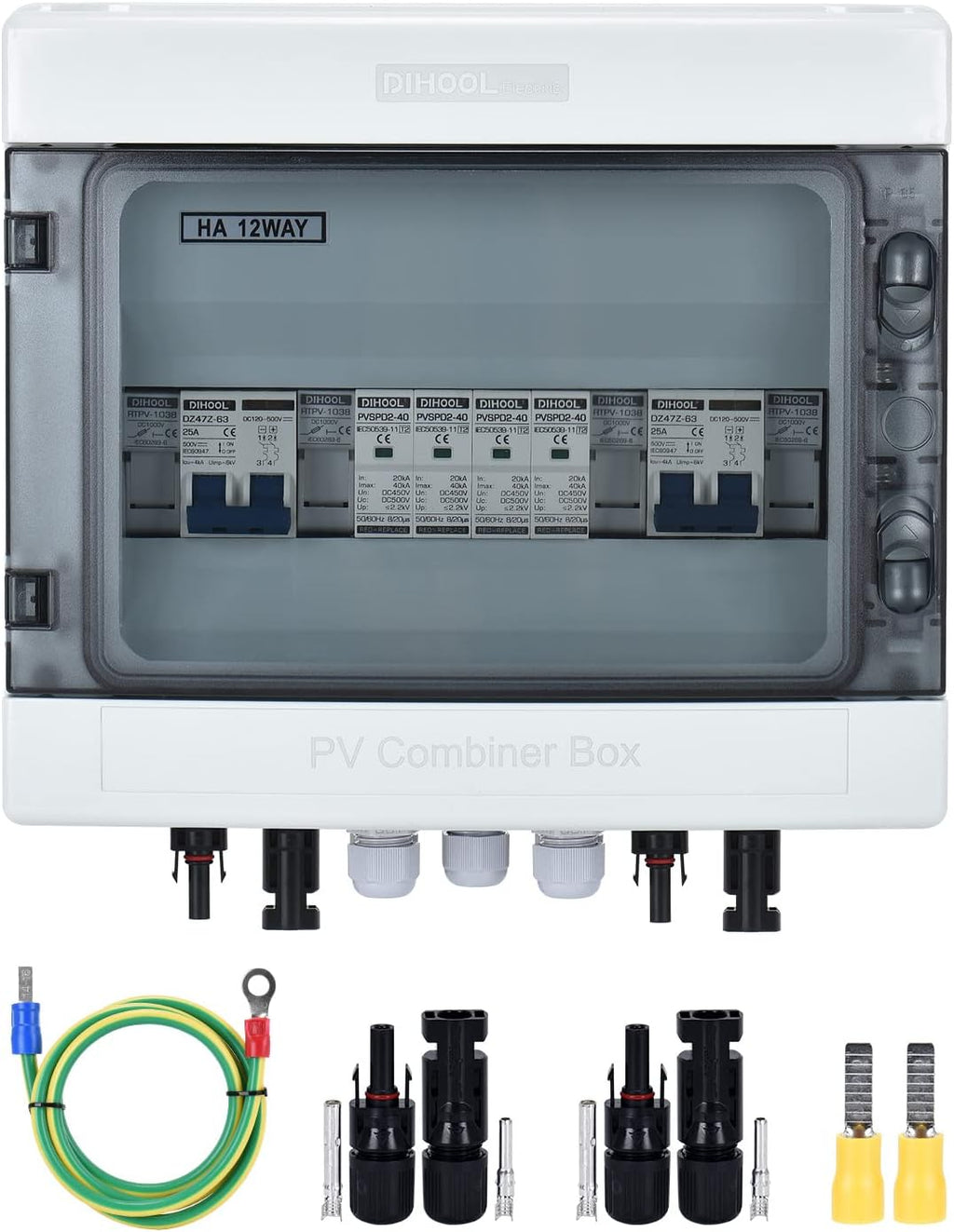 DIHOOL PV Solar Combiner Box for Solar Panels 2 String 25 Amp Junction Box DC500V 25A 2 in 2 Out