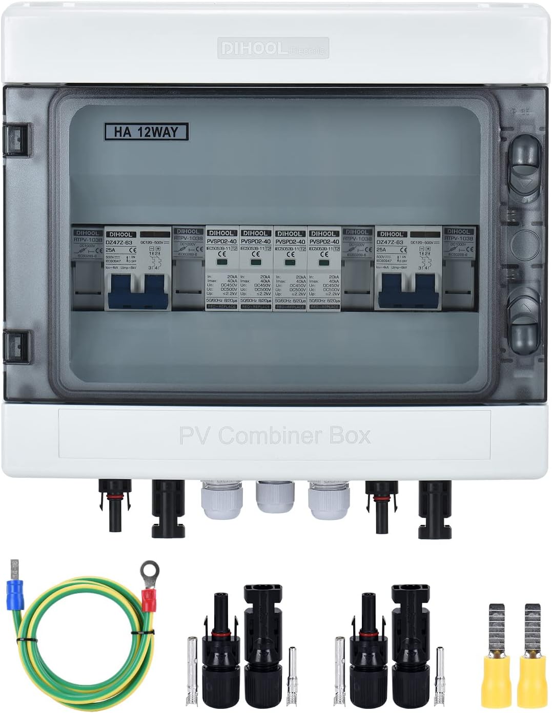 DIHOOL PV Solar Combiner Box for Solar Panels 2 String 25 Amp Junction Box DC500V 25A 2 in 2 Out