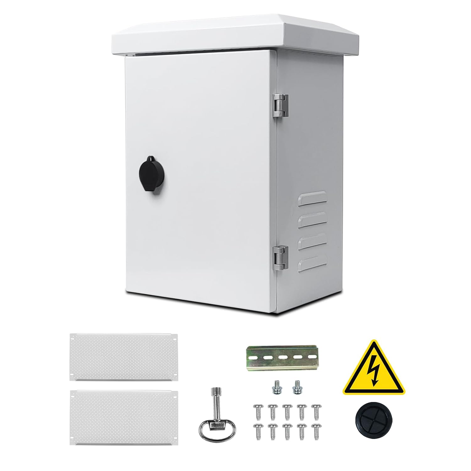 Metal Outdoor Enclosure with Rain Hood Electrical Box Weatherproof WiFi/Network Enclosure Breaker Box with Fan-Vent Design Cable Project Cabinet with Mounting Track Hole in Back 12X16X10