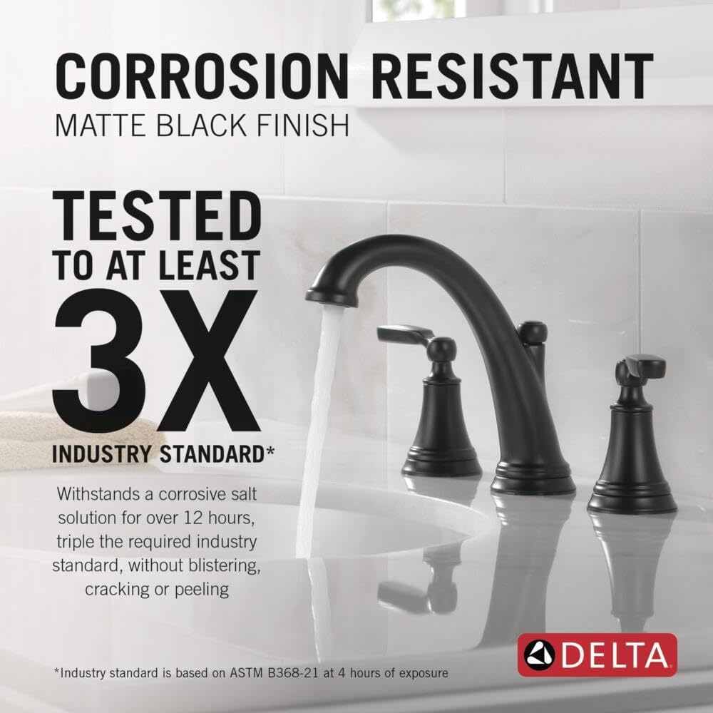 Delta Woodhurst Matte Black Bathroom Faucet 3 Hole, 8 Inch Widespread Bathroom Sink Faucet for Vanity, Metal Push-Pop Drain Assembly, Matte Black 3532LF-BLMPU