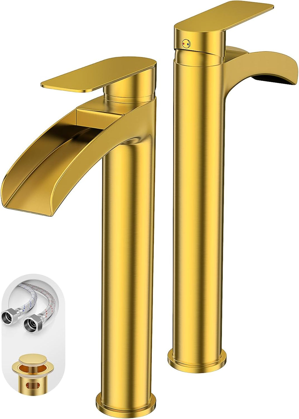 Phiestina Brushed Gold Tall Bathroom Vessel Sink Faucet 2 Pack, Single Hole Single Handle Waterfall Above Countertop Sink Bathroom Faucet, with Pop Up Drain,Water Supply Line, NS-SF01-V-BG-2pack