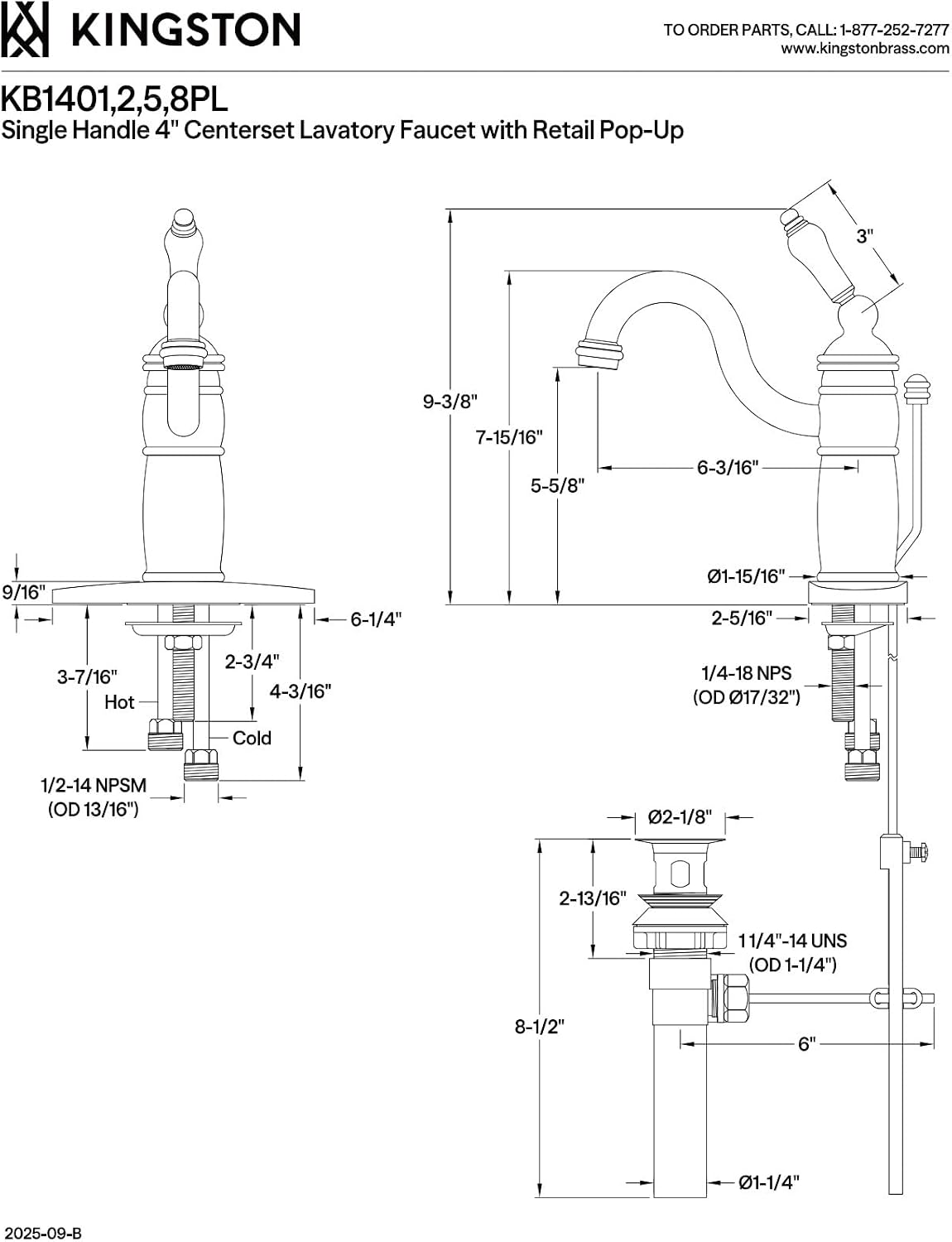 Kingston Brass KB1408PL Victorian Mono Block Lavatory Faucet, Brushed Nickel