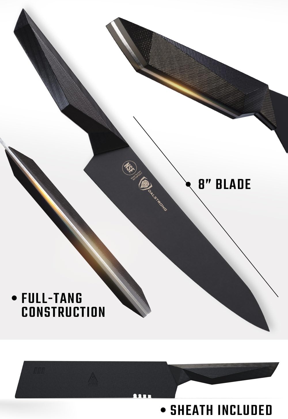 Dalstrong Chef Knife - 8 inch - Shadow Black Series - Black Titanium Nitride Coated - Razor Sharp Kitchen Knife - High Carbon 7CR17MOV-X Vacuum Treated Steel - Sheath - NSF Certified