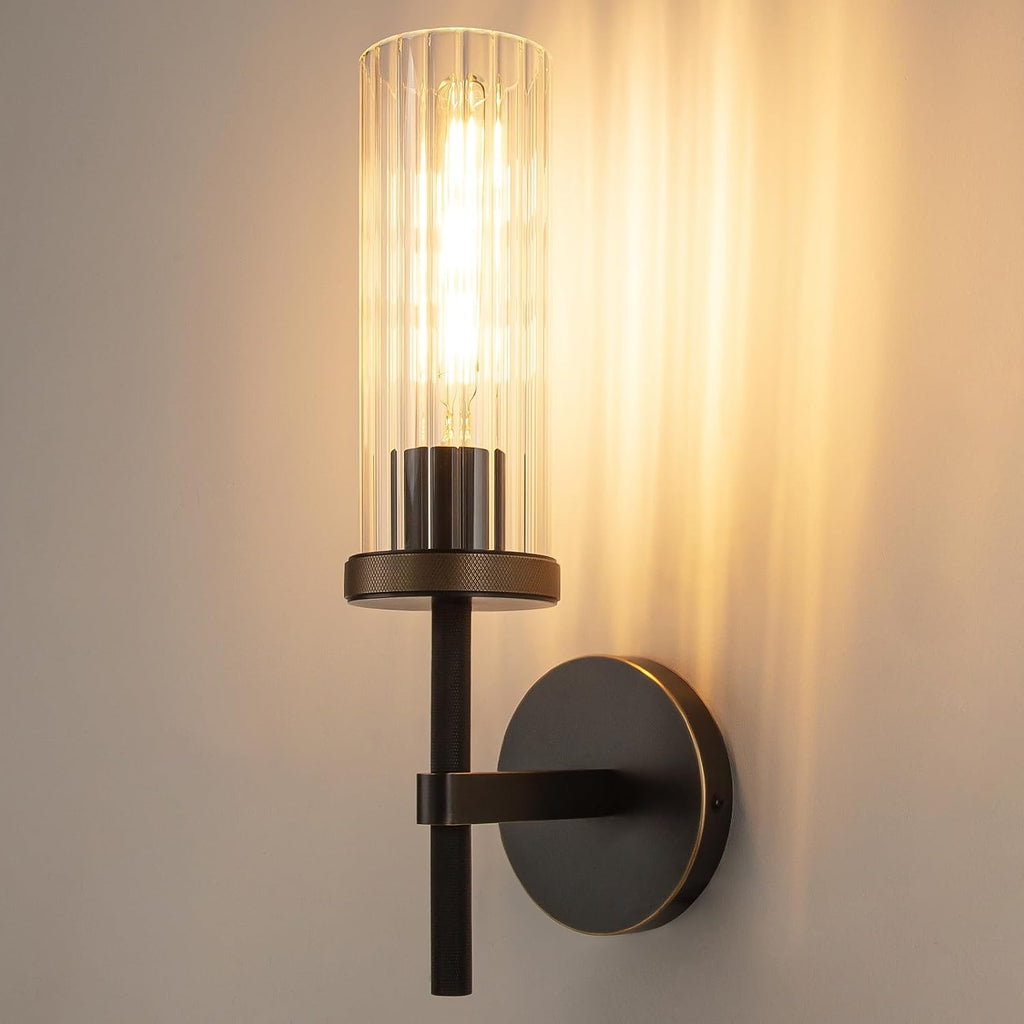 15' Knurled Brass Wall Sconce with Vertical Striped Glass Tube, Black Gold Bathroom Vanity Light Fixtures, Modern Lamp Lighting for Bedroom, Living Room, Hallway, Staircase, Mirror, Kitchen