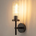 15' Knurled Brass Wall Sconce with Vertical Striped Glass Tube, Black Gold Bathroom Vanity Light Fixtures, Modern Lamp Lighting for Bedroom, Living Room, Hallway, Staircase, Mirror, Kitchen