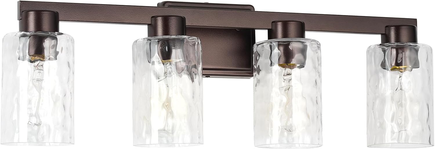 4-Light Bathroom Light Fixtures Modern Oil Rubbed Bronze Vanity Lights with Water Ripple Glass Wall Sconces Over Mirror for Bathroom, Powder Room, Living Room