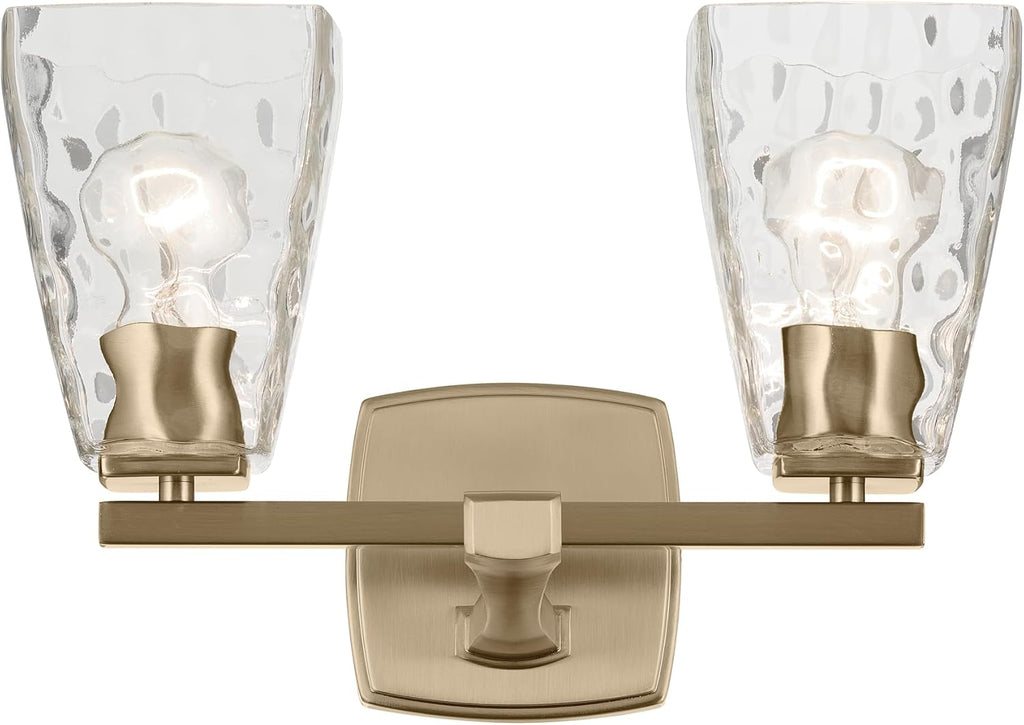 Kichler Marant 14.25' 2-Light Bathroom Vanity Light Fixture with Clear Water Glass in Champagne Bronze for Powder Room Over Mirror (14.25' W x 9.5' H), 55215CPZWTR