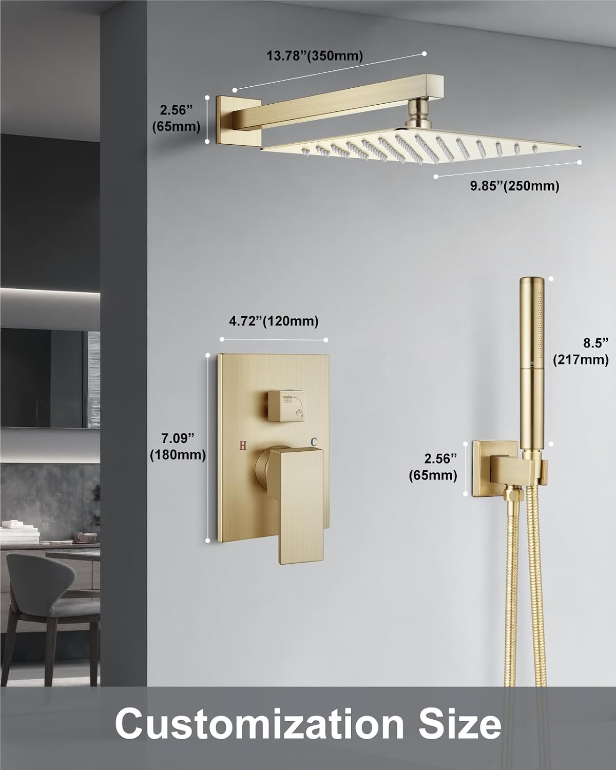 Aolemi Shower Faucet Set, High Pressure Shower System with 2-in-1 Handheld Sprayer, Wall Mount Fixture Combo with Rough-in Valve, 10 Inch Shower Head, Brushed Gold