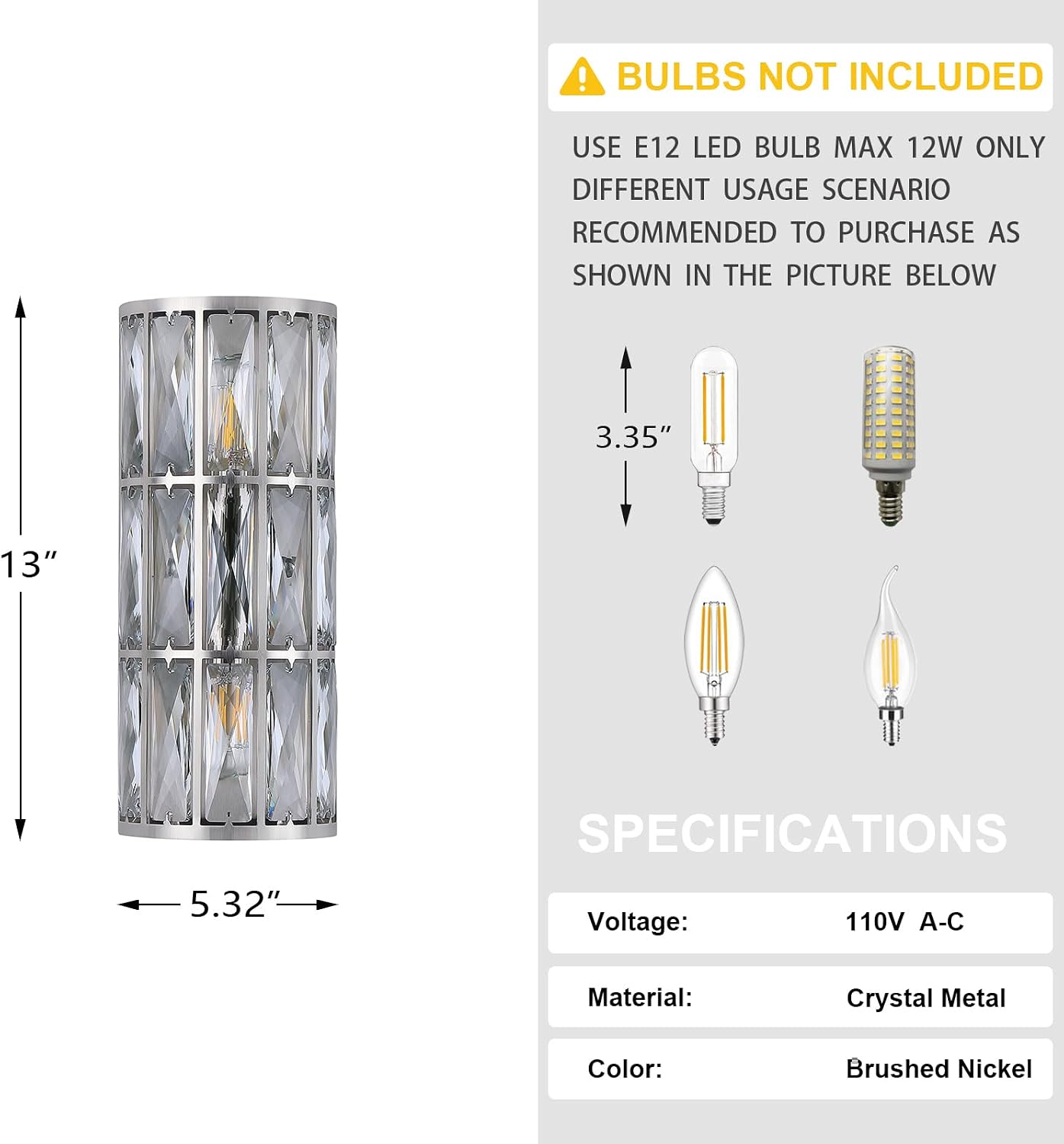 2 Light Modern Concise E12 Base Polyhedral Crystal Shade 2 Pack Wall Sconce Light Fixtures,Brushed Nickel Finish for Bathroom,Bedroom Living Room Bedside