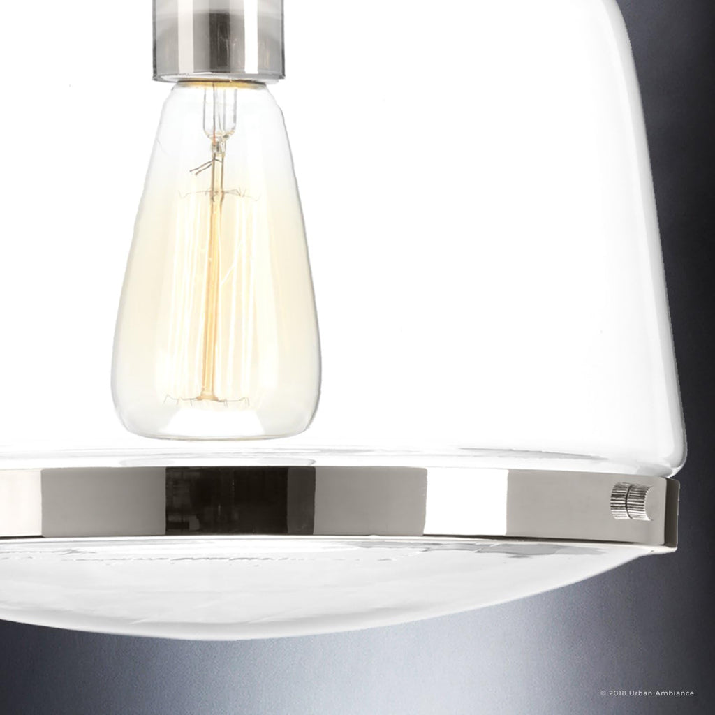Urban Ambiance Luxury Industrial Chic Pendant Light, Small Size: 11' H x 11' W, with Art Deco Style Elements, Polished Nickel Finish and Clear Shade, UHP2534, Nottingham Collection