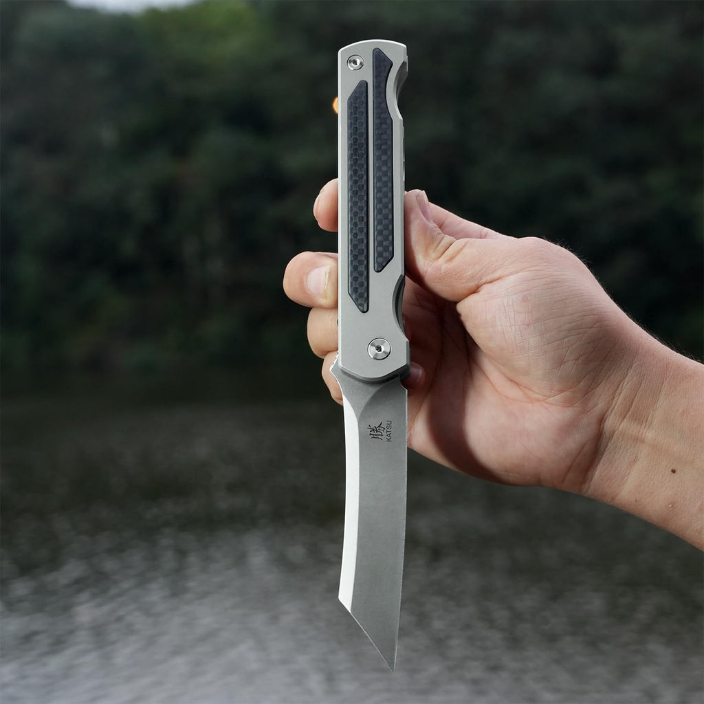 KATSU S35VN Steel Blade Folding Knife,Titanium Pocket Knife for Men Carbon Fiber Handle,Frame Lock Japanese Style Front Flipper EDC Knife with Clip Stonewash Leather Sheath