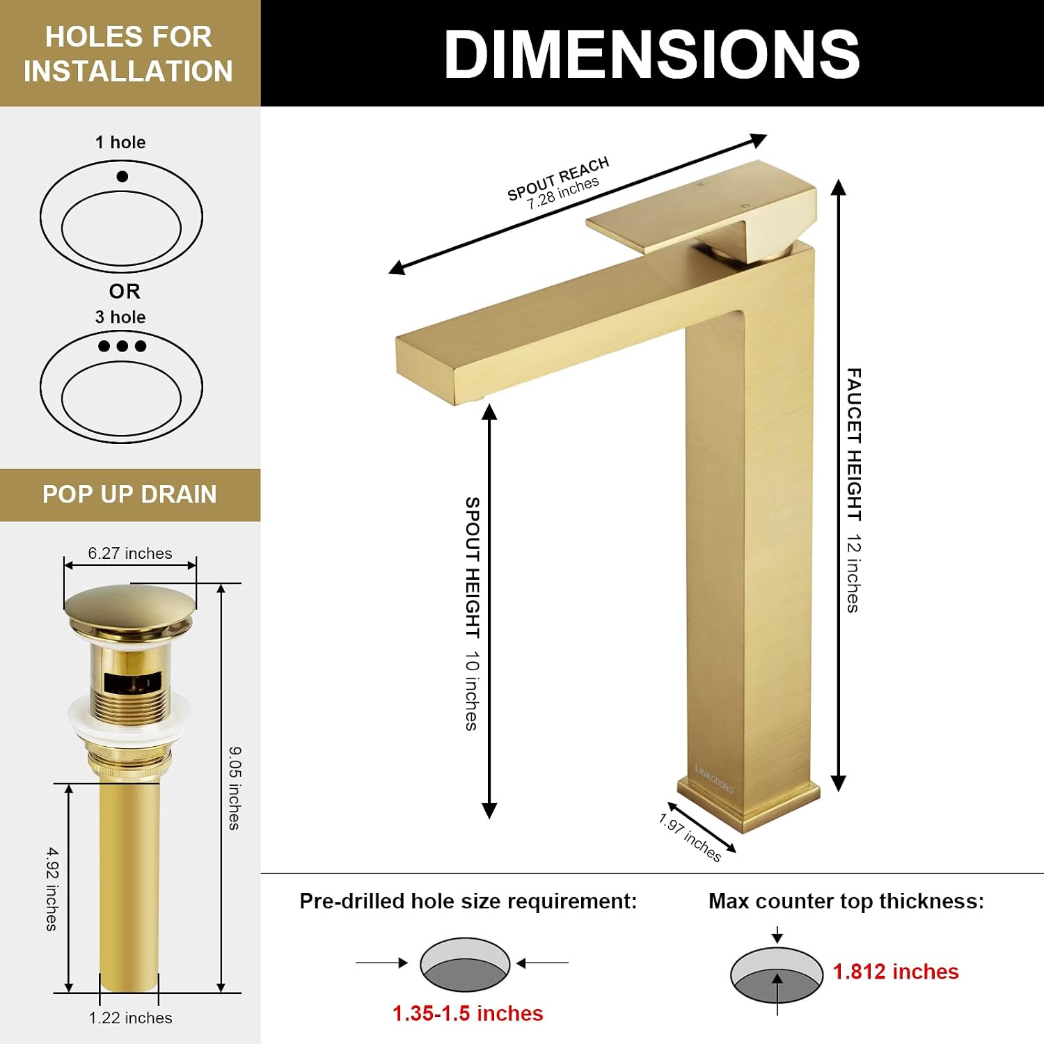 Lava Odoro Gold Vessel Sink Faucet, Brushed Gold Single Hole Bowl Sink Faucet Tall Bathroom Faucet Single Handle with Pop up Drain Assembly, BF307-T-SG