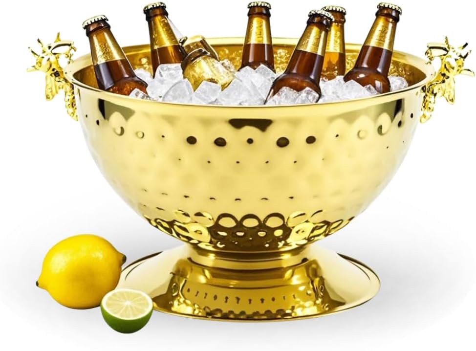 Luxurious Ice Bucket for Parties,Party Sized 12L Drink Cooler for Parties,Gold Stainless Steel Ultimate Champagne Bucket with Antler-Shaped Handle,Large Ice Bucket for Events