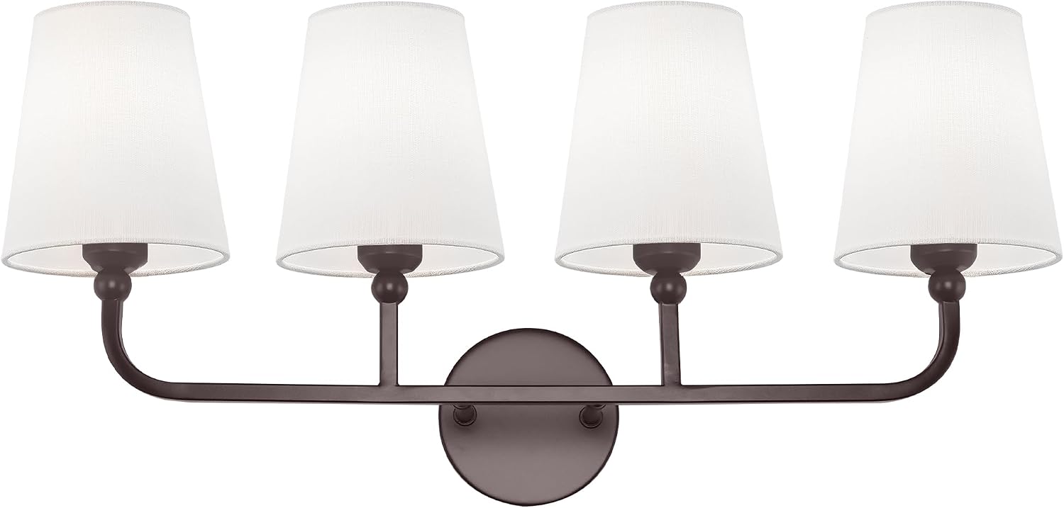 Bathroom Light Fixtures, 4 Light Oil Rubbed Bronze Vanity Lights with Flared White Fabric Shade, 28 Inch Wall Sconce, Vintage Sconces Wall Lighting for Hallway Bedroom, VL837-ORB-4