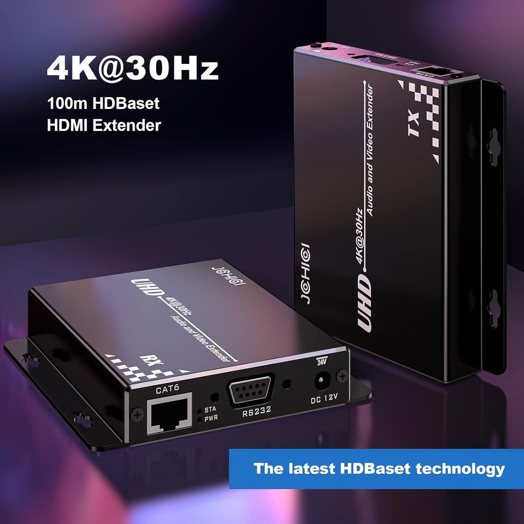 HDBasT HDMI Extender Over Cat5e/6 Ethernet up to 100m(328fts),JCHICI UHD 4K 60Hz (4:2:0 8-bit) with Bi-Directional IR, PoC and RS 232, Lossless Transmission