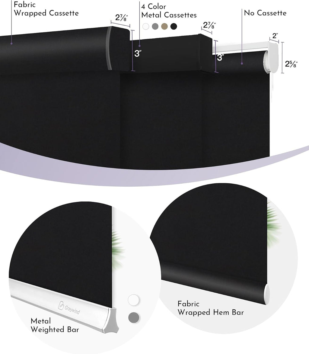 Graywind Motorized Roller Shade Work with Alexa Google 100% Blackout Rechargeable Smart Blinds Remote Control Battery Motor Cordless Window Shades, Customized Size (Matt Black)