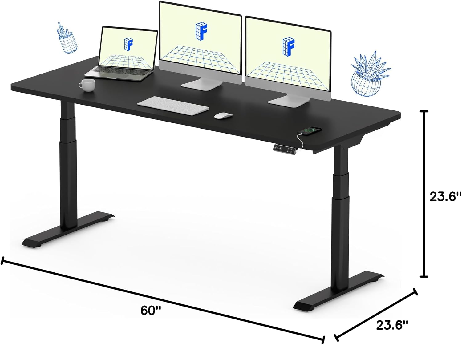 FLEXISPOT E6 Pro Large 60' x 24' Dual Motor Electric Standing Desk, Organic Modern Oval Leg Design, 3-Stage Height Adjustable Sit Stand Desk with Heavy Duty 330lbs, Black Desktop, Black Frame