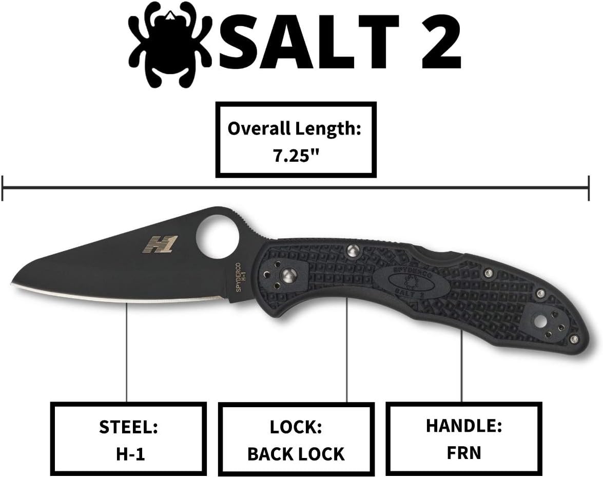 Spyderco Salt 2 Lightweight Knife with 3' H-1 Ultra-Corrosion Resistant Steel Blade and Black FRN Handle - PlainEdge - C88PBBK2