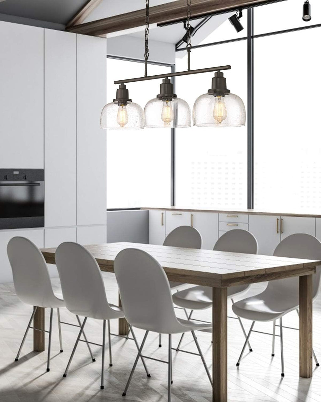 EAPUDUN 3-Light Kitchen Island Light, 35.4' Farmhouse Chandelier for Dining Room Pool Table Pendant Light, Black Finish with Seeded Bubble Glass, PDA1125-ORB