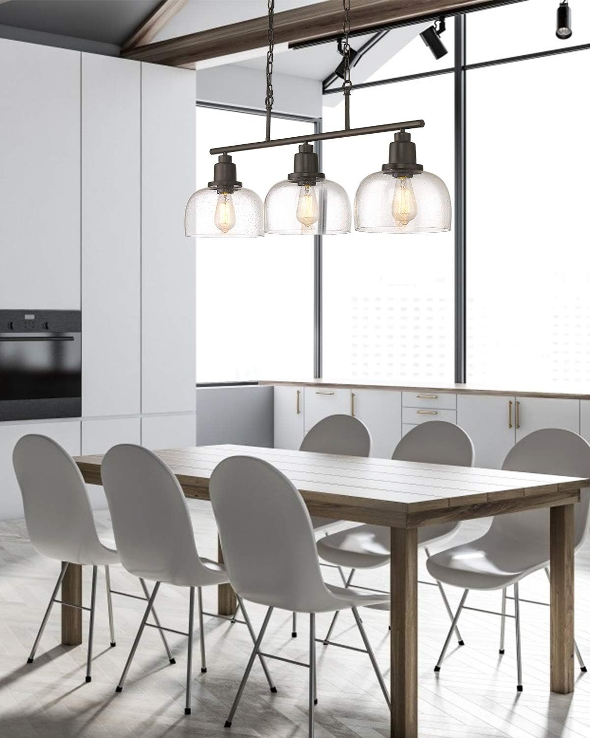 EAPUDUN 3-Light Kitchen Island Light, 35.4' Farmhouse Chandelier for Dining Room Pool Table Pendant Light, Black Finish with Seeded Bubble Glass, PDA1125-ORB