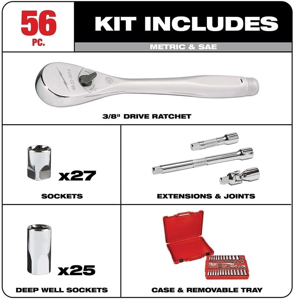 NEW 48-22-9008 for Milwaukee 3/8' Drive Ratchet & Socket Set - SAE & Metric Silver/Red - 56Pc