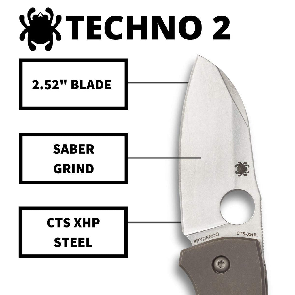 Spyderco Techno 2 Folding Pocket Knife, PlainEdge | 5.98' Overall Length, 2.5' CTS XHP Steel Blade, Titanium Handle, R.I.L Lock, Saber Grind