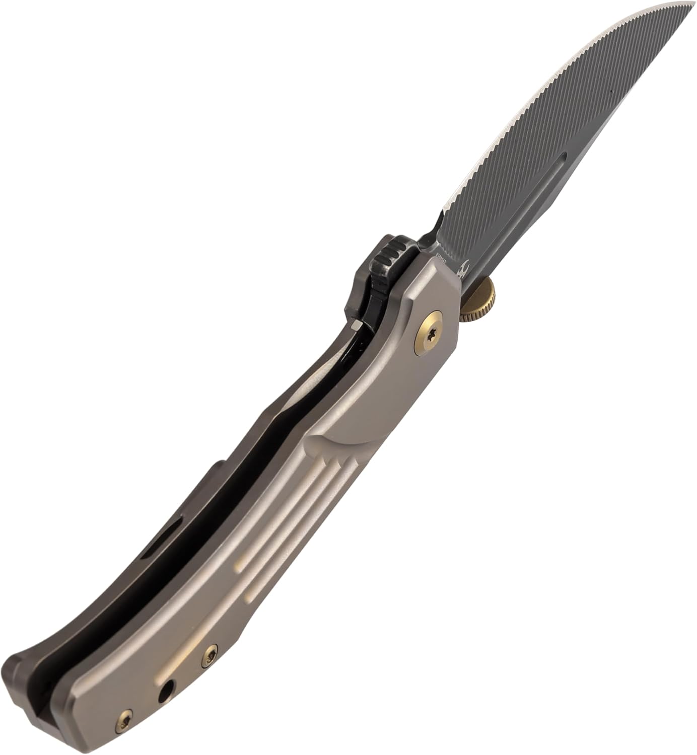 KANSEPT Orion Pocket Knife, 3.07' Blackwash S35VN Blade with Blood Groove and Bronze Anodized Titanium Handle Both Crafted with CNC Milling, Thumb Disk EDC Folding Knives for Camping, Hunting K1089A5