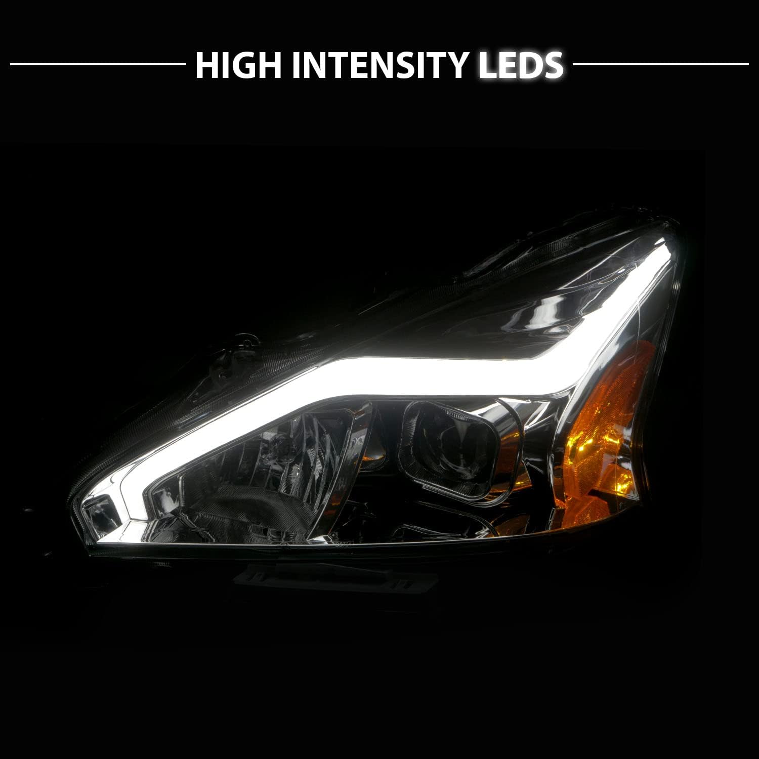 AmeriLite for 2013-2015 Nissan Altima 4 Door Sedan LED Tube Chrome Square Projector Headlights Set - Passenger and Driver Side
