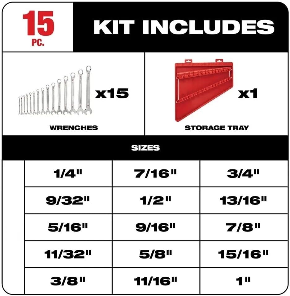 15 PC 48-22-9415 Combination Wrench Set for Milwaukee Standard Open-End Wrench Sets w/storage tray