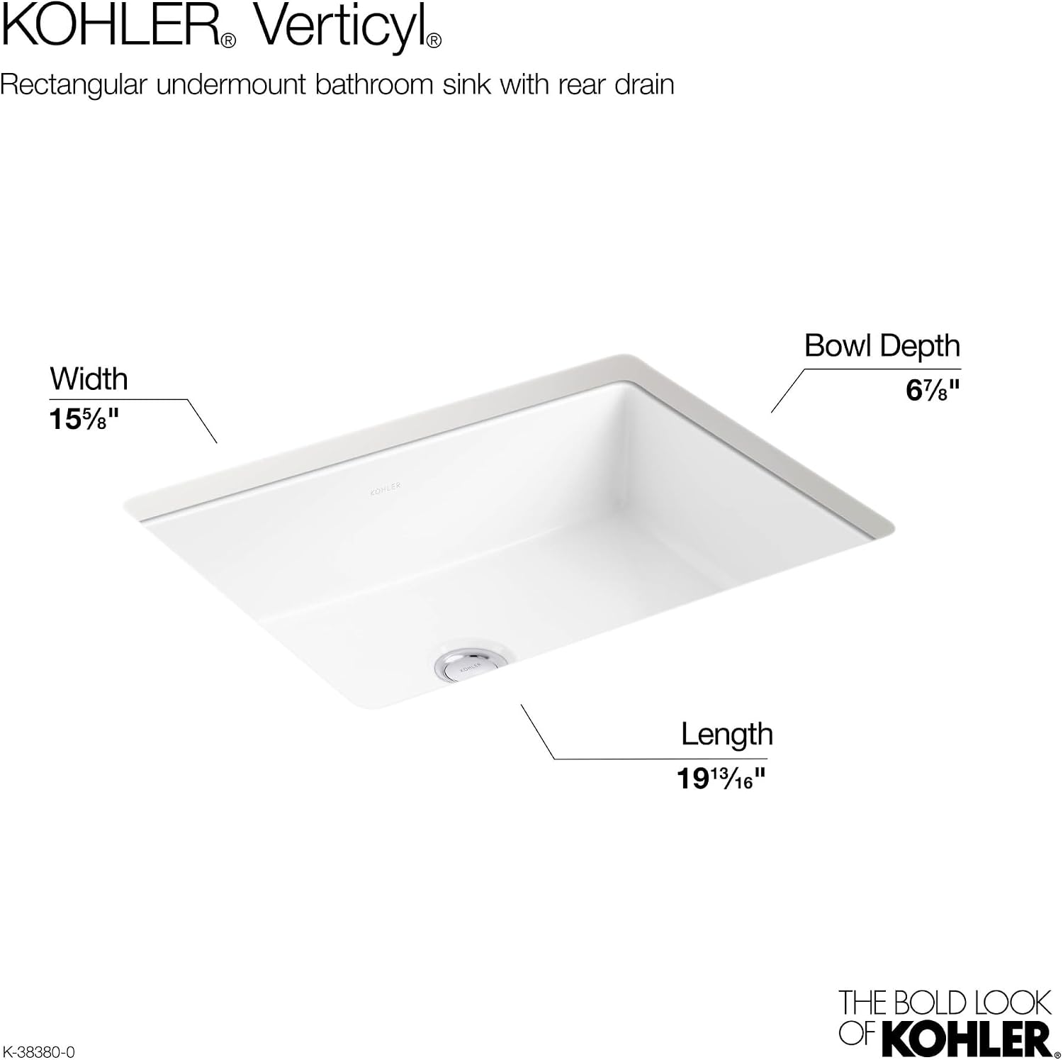 KOHLER 38380-0 Verticyl® 19-3/4' rectangular undermount bathroom sink, White