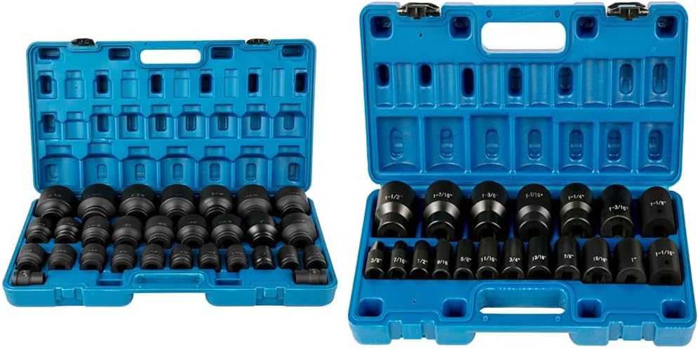 VEVOR Impact Socket Set 3/4 Inches 29 Piece Impact Sockets, 6-Point Sockets, Rugged Construction & Impact Drive Socket Set 1/2 Inches 19 Piece Impact Sockets SAE, Standard Socket Assortment