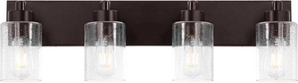 JONATHAN Y 27.75' Oil Rubbed Bronze/Clear 4-Light Modern LED Vanity Light for Bathroom Mirror, Mid-Century Wall Sconce with Clear Seeded Glass Shades, Contemporary Iron Fixture, LED Bulbs (JYL7558E)
