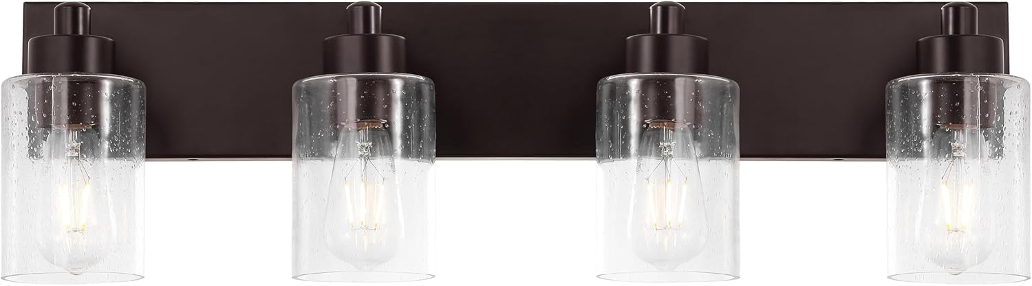 JONATHAN Y 27.75' Oil Rubbed Bronze/Clear 4-Light Modern LED Vanity Light for Bathroom Mirror, Mid-Century Wall Sconce with Clear Seeded Glass Shades, Contemporary Iron Fixture, LED Bulbs (JYL7558E)