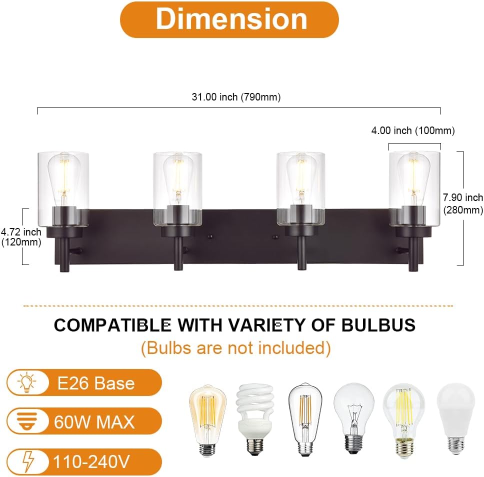 4 Lights Bathroom Vanity Light Fixture Oil Rubbed Bronze Sconces Wall Lighting Industrial Indoor Wall Mounted Lamp, Farmhouse Style for Kitchen Dining Room (Patent No.: US D958,438 S)