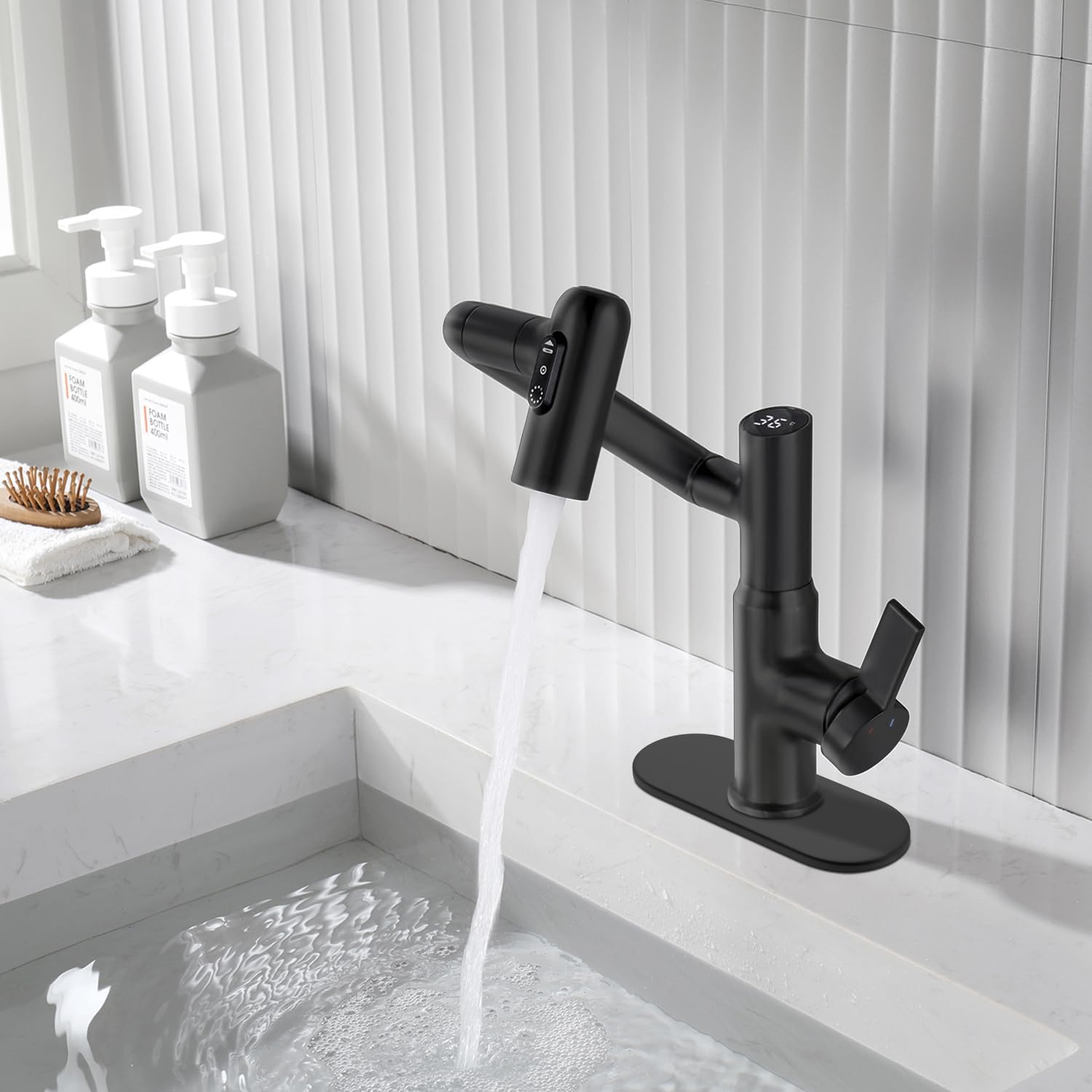 Lefton Rotatable Bathroom Faucet BF2204 with 6' Cover Plate FCP2202, Matte Black
