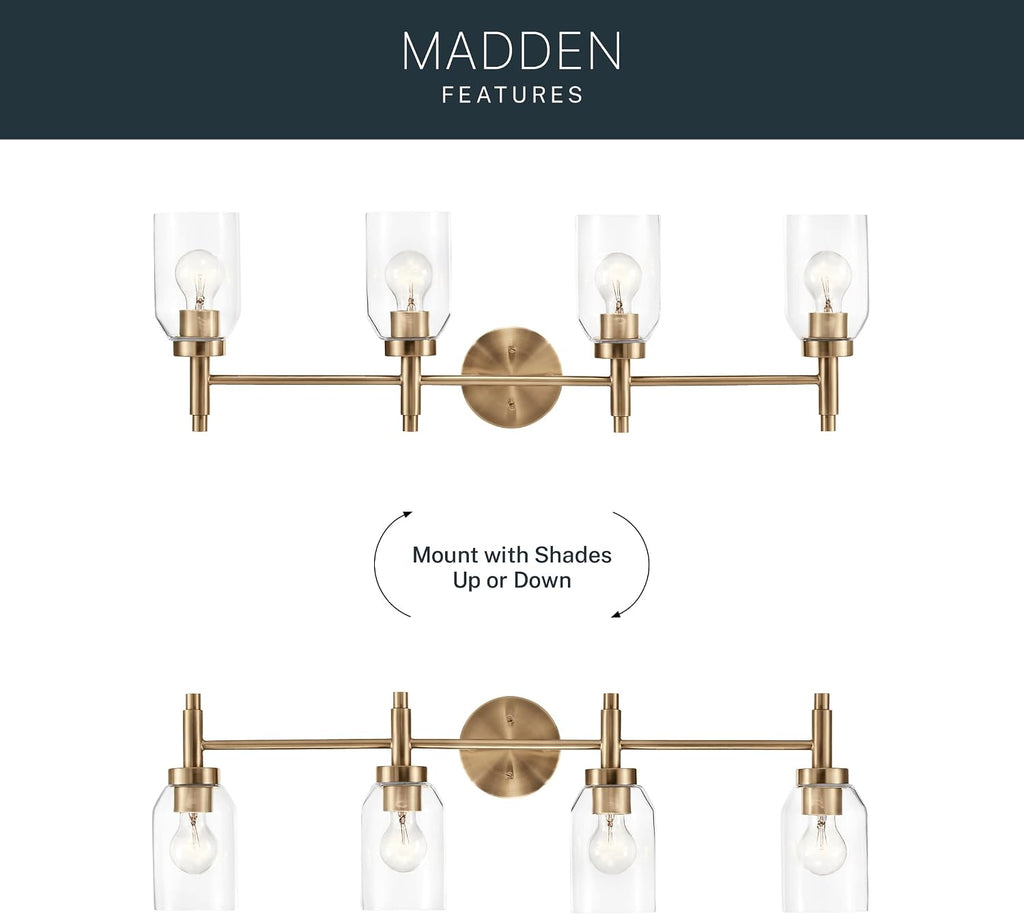 Kichler Madden 4-Light Bathroom Vanity Light Fixture with Clear Glass Shades in Champagne Bronze, Modern Wall Mount for Single or Double Vanity Over Mirror (10.5' x 34'), 55186CPZ