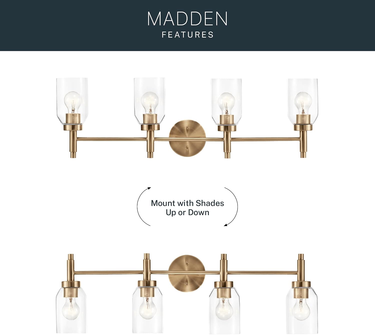 Kichler Madden 4-Light Bathroom Vanity Light Fixture with Clear Glass Shades in Champagne Bronze, Modern Wall Mount for Single or Double Vanity Over Mirror (10.5' x 34'), 55186CPZ