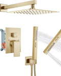 Shower Faucet Set Rainfall Shower System with Square Showerhead and Handle Set Fixture with 2 in 1 Function Handheld Sprayer Wall Mounted Trim Repair Kit Rough-in Valve 10 Inch Brushed Gold