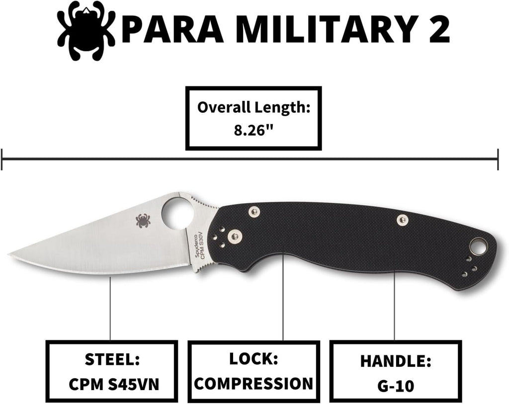 Spyderco Para Military 2 Folding Pocket Knife with 3.4' CPM S45VN Steel Blade and G-10 Handle - EDC Knife for Men and Women, Perfect for Hunting, Tactical, Camping, Survival - PlainEdge - C81GP2