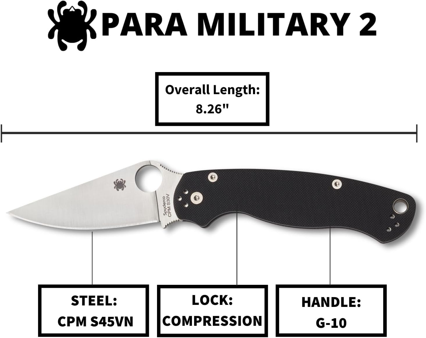 Spyderco Para Military 2 Folding Pocket Knife with 3.4' CPM S45VN Steel Blade and G-10 Handle - EDC Knife for Men and Women, Perfect for Hunting, Tactical, Camping, Survival - PlainEdge - C81GP2