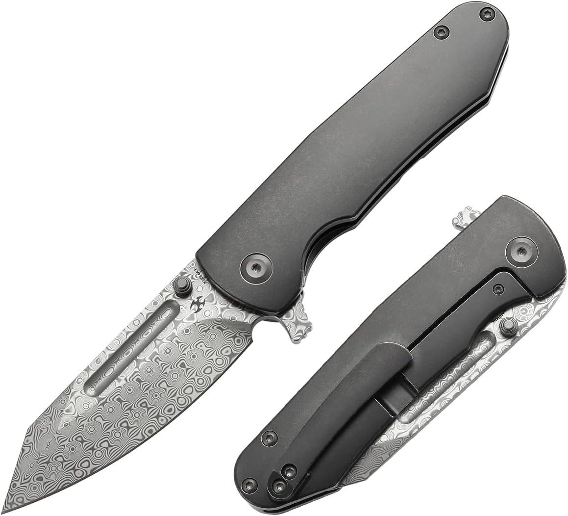 KANSEPT Superhawk Pocket Knives, 3.89''Damascus Steel Sharp Blade, Blackwash Titanium Handle, Thumb Stud for Edc and Outdoor, 9.03'' Camping Folding Hiking Knive K1084A3