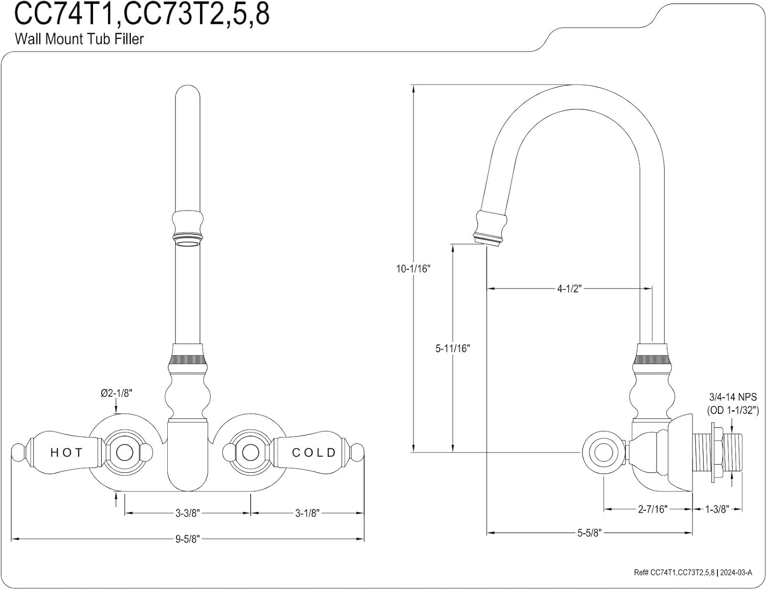 Kingston Brass CC73T2 Vintage Leg Tub Filler, Polished Brass 8-Inch Adjustable Center