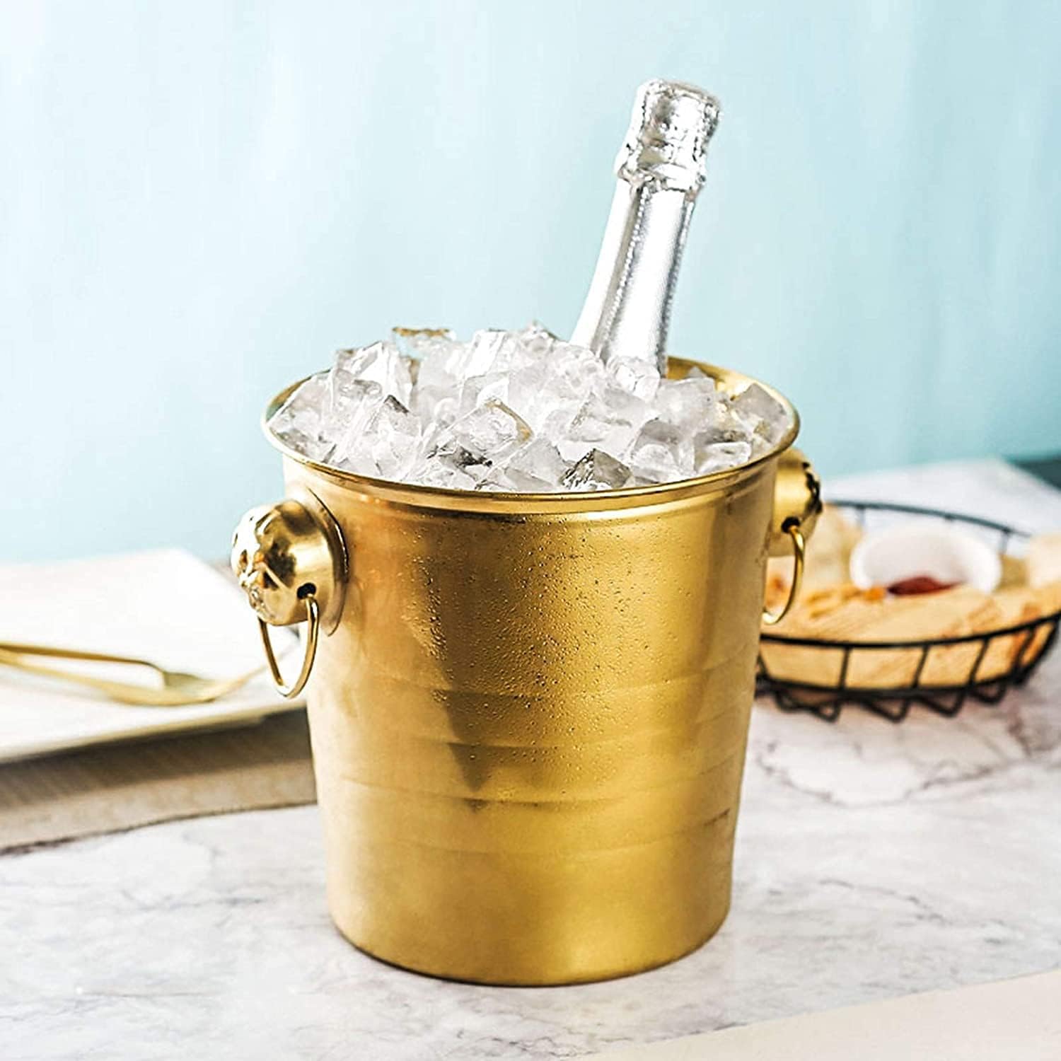 Ice Bucket, Tiger Head Stainless Steel Ktv Champagne Wine Barrel Spit Wine Bucket Ice Bar Beer Barrel Ice Buckets for Parties (5L,Gold)